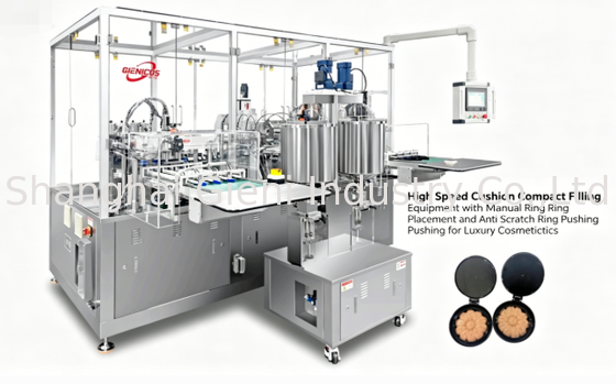 Equipamento de enchimento compacto de almofada de alta velocidade com colocação manual do anel e anel anti-gravagem para cosméticos de luxo